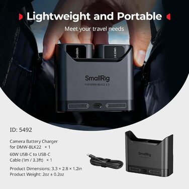 Зарядний пристрій SmallRig DMW-BLK22 для Panasonic Lumix GH5, GH6, GH7, S5, S5 II, S9, G9 II — подвійний акумуляторний зарядник з USB-C 22.5W
