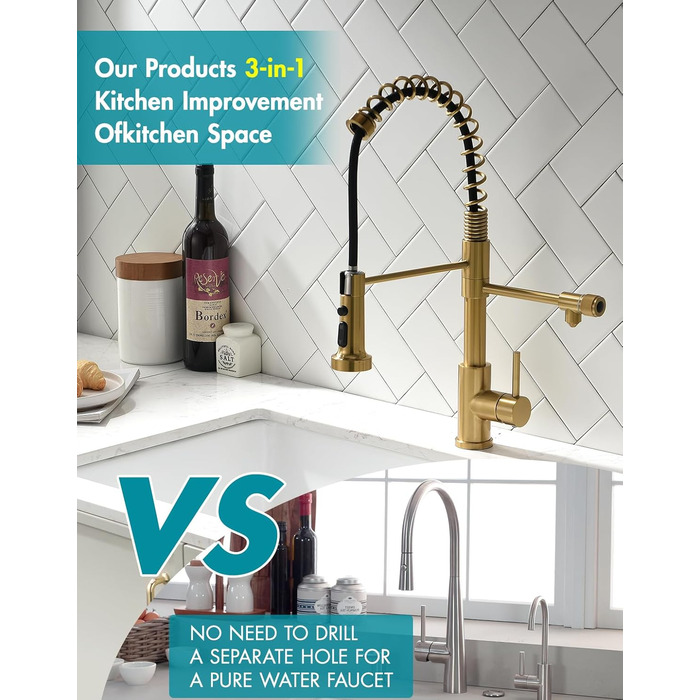 Інфрачервоний сенсорний змішувач для кухні з висувною лійкою, кухонна арматура 360° обертання, змішувач з одним важелем, для мийки, з спіральною пружиною, щіткове золото