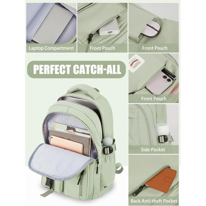 Шкільний рюкзак FIORETTO для підлітків та жінок. Водостійкий, легкий, з відділенням для ноутбука 14 дюймів. Зелений колір.