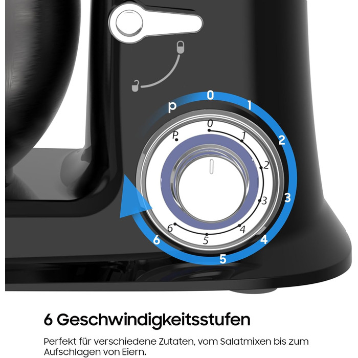 Кухонна машина з чашею 6л з нержавіючої сталі, міксер для тіста з Flexi-мішалкою, гаком для тіста та вінчиком, 6 швидкостей, 1500 Вт