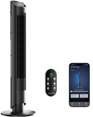 Турбовентилятор CF2401 з пультом керування та додатком: тихий підлоговий вентилятор з таймером та LED-підсвіткою, дитяча безпека, чорний, 102 см