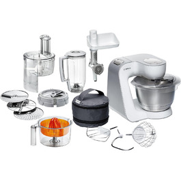 Кухонний комбайн Bosch MUM54251, 900 Вт, 3,9 л, міксер 1,25 л, м'ясорубка, прес для цитрусів, кубикорізка, насадки, білий/сріблястий