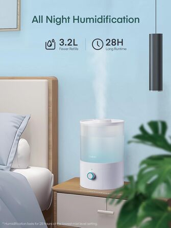 Ультразвуковий зволожувач повітря FOHERE 3.2L для спальні та дитячої кімнати, з верхнім заливом, холодною парою, функцією дифузора ефірних олій, 7-кольоровою підсвіткою, тихий, BPA-free, білий