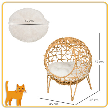 Pawhut Rattan Cat Cave Bed with Cushion - Elevated Design, Brown, 18
