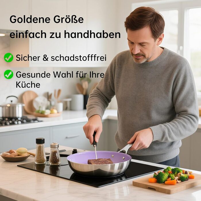 Набір сковорідок з антипригарним керамічним покриттям Tjean (без PTFE, PFOA, PFAS) з нержавіючою ручкою, підходить для індукційних, газових, електричних плит та духовки до 280°C (фіолетовий, 26 см)