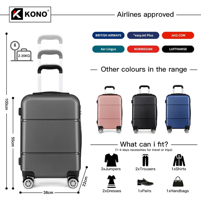 Валіза ручної поклажі KONO 55x38x22 см, 33 літри, сірий, ABS, з колесами