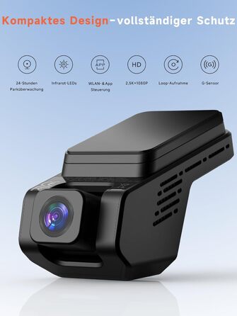 Відеореєстратор Veement Dashcam Auto: 2.5K+1080p, міні камера, нічне бачення, G-сенсор, паркувальний режим, 32GB карта, чорний