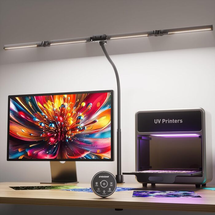 Лампа настільна EYOCEAN з 4 джерелами світла, 24W, 100 см, денне світло, з пультом, регулювання яскравості, LED, для офісу, з лебединою шиєю, захист очей, чорна матова