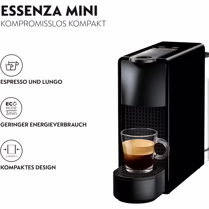 Nespresso Krups XN1108 Essenza Mini Coffee Capsule Machine | 14 Capsules | 19 bar | Energy Saving Mode | 1260 W | 0.6 L | 8.03 x 3.31 x 12.99 cm | Black | Energy Class A Black without Milk Frother Single