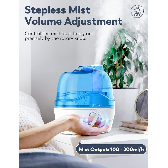 Зволожувач повітря 2.2L для спальні з обертовою насадкою 360°, тихий 28dB, автовимкнення, до 24 годин роботи, легкий у чищенні, для кімнати, дитячої кімнати, рослин