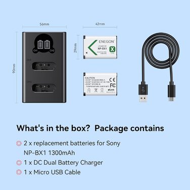 Акумулятор ENEGON NP-BX1 (1300mAh, 2 шт.) з LCD-зарядним пристроєм для Sony NP-BX1, ZV-1, Cyber-Shot DSC-RX100 (усі моделі) та HDR-CX405