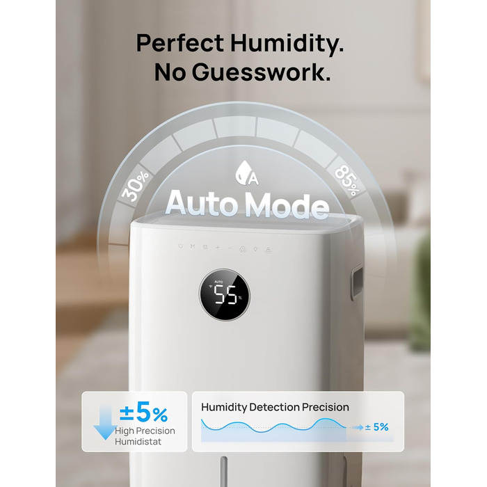 Dreo Розумний осушувач повітря / 24 год, для приміщень 37 м² – енергоефективний та тихий – керування через додаток & Alexa – 3 режими, таймер, регульована вологість, з відводом води, для спальні та ванної кімнати, білий (52L)