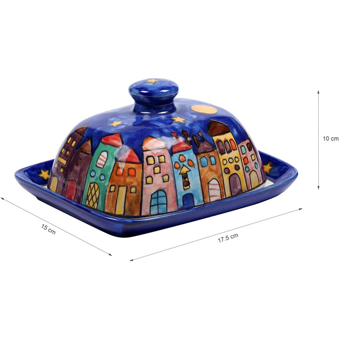 Butter dish with lid, designed by Gall&Zick, handcrafted from ceramic, for a standard 250g block of butter, colorfully hand-painted, dishwasher-safe (New Village)