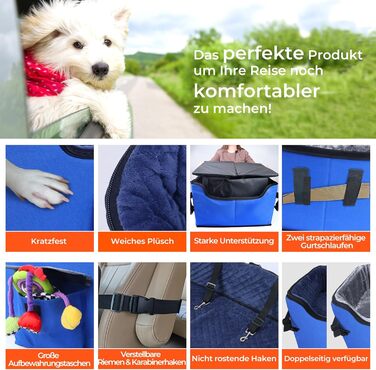 Stable Multi-Pet Car Seat Booster with Safety Belt for Medium Dogs - Washable & Reinforced Dog Basket for Rear Seat (Blue, M)