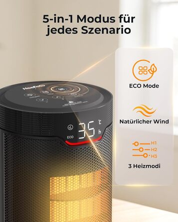 Електричний обігрівач: Економний, 1500W, тихий з таймером, захист від перекидання та перегріву, чорний