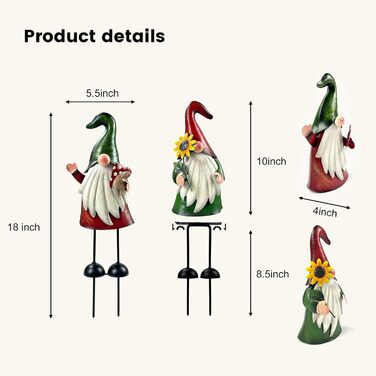 HONGLAND Garden Gnome Statue for Outdoor Use, Metal, 18 inches, Gnome Figure, Decorative Props for Vacation, Christmas, Lawn, Patio, Yard, Garden Decoration, 2 Pack