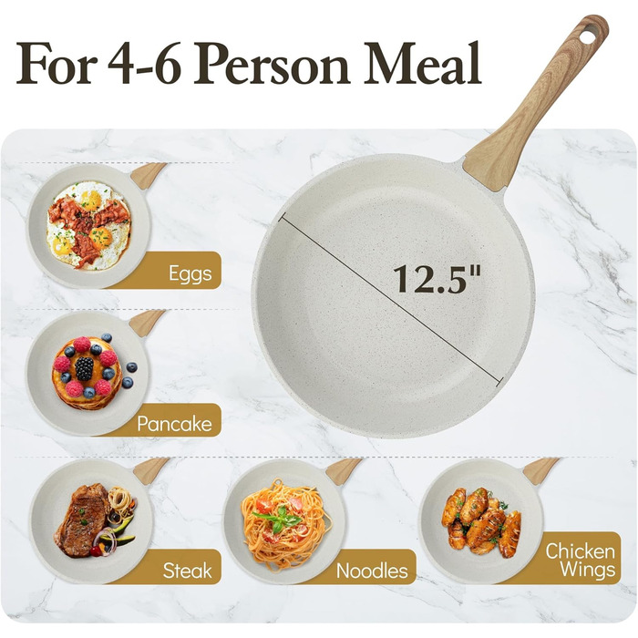 Сковорода SENSARTE 28 см з антипригарним покриттям, швейцарське гранітне покриття, для приготування омлетів, сумісна з газовою та індукційною плитами, без PFOA/PTFE/PFAS, білий колір