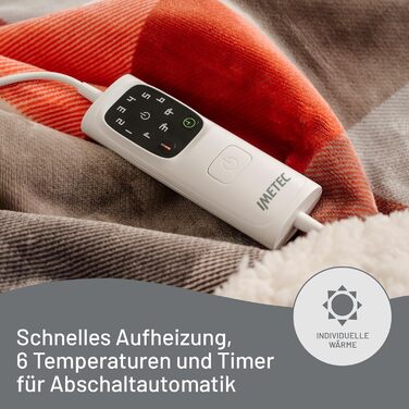 Електрична ковдра Imetec Adapto Tartan Festival, 160x120 см, тепла та затишна, з технологією Adapto, 6 температур, безпечна, швидкий нагрів, для дому, миюча, оранжево-сіра