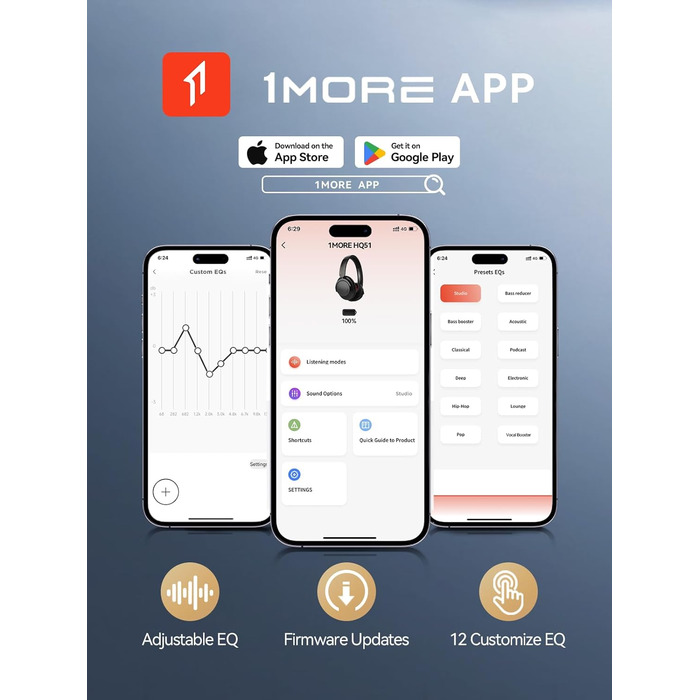 1MORE Sonoflow Pro Бездротові навушники Bluetooth з активним шумопоглинанням, Over-Ear, LDAC, Hi-Res звук, Bluetooth 5.4, 100 годин, зручні, кристально чисті дзвінки (Чорний)