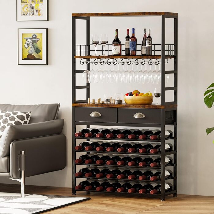 Homeiju Wine Rack, Freestanding Floor, Bar Cabinets for Liqueurs and Glasses, 4-Tier Bar Cabinet with Tabletop, Glass Holder, Storage Drawer and Wine Storage for Living Room, Kitchen, (Retro Black Brown)