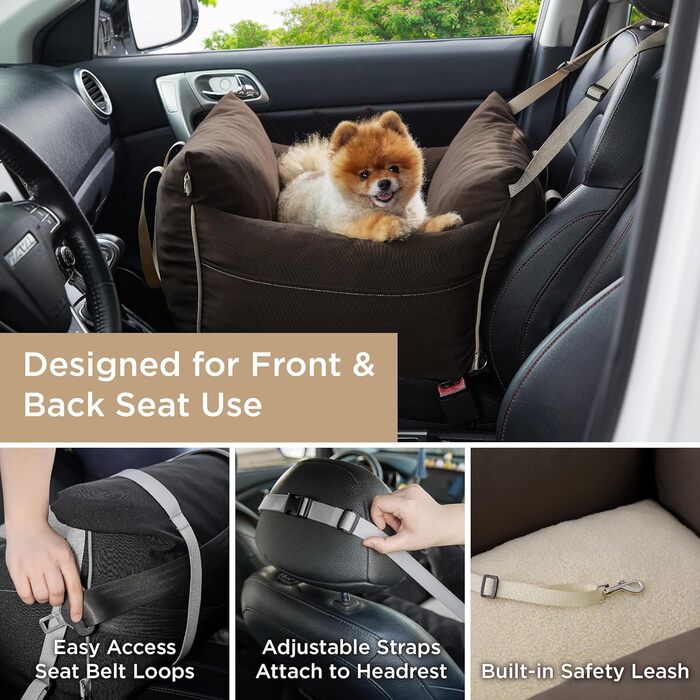 Pet Car Seat for Small Dogs - Waterproof and Washable Dog Car Seat with Storage Pockets, Detachable Safety Leash, and Thickened Memory Foam Filling, 58x56x33cm, (Brown)