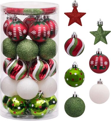 Набір ялинкових прикрас Victor's Workshop 35 шт. 5 см, пластикові кулі, червоно-зелено-білий декор для ялинки, тематика ельфів