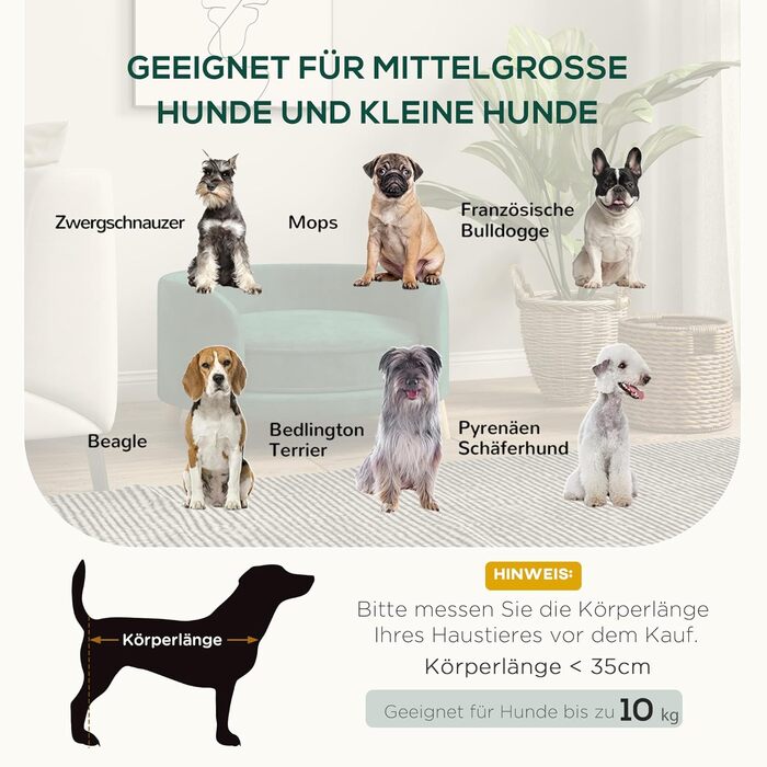 Диван для собак PawHut, м'який диванчик для домашніх тварин з велюровою оббивкою, лежанка для котів та собак, зелений, 68 x 68 x 35 см