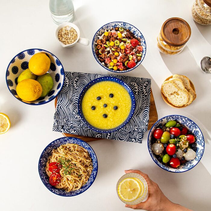 Набір супових тарілок з кераміки (6 шт.) - 709 мл, глибокі миски для каші, салату, пасти, десерту - кераміка, блакитний вінтаж