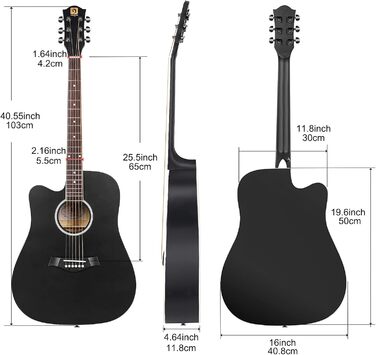 Акустична гітара Vangoa 4/4 для початківців та дорослих, чорна, з каподастром та чохлом