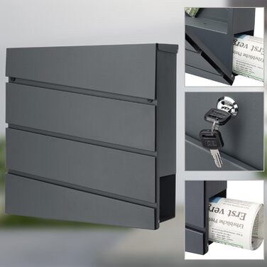 Поштовий ящик Monzana XXL з газетницею, оглядовим вікном, замком (2 ключі), сталь, антрацит. Легкий монтаж