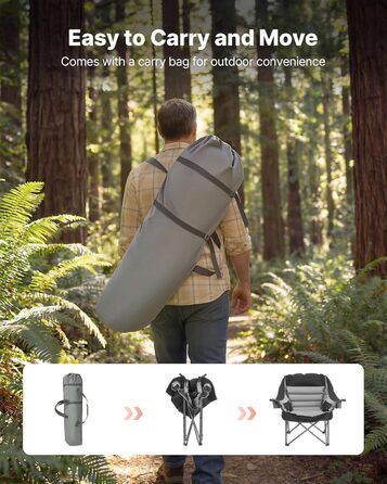 Кемпінговий стілець VEVOR великий, складний - до 204 кг, з підсклянниками, для риболовлі, пікніка, чорно-сірий