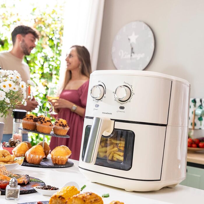 Аерофритюрниця InnovaGoods Vintage 6,5 л, 1700 Вт, з віконцем, антипригарний кошик, таймер, 360° циркуляція повітря, понад 100 рецептів, для 4-6 осіб, кремова