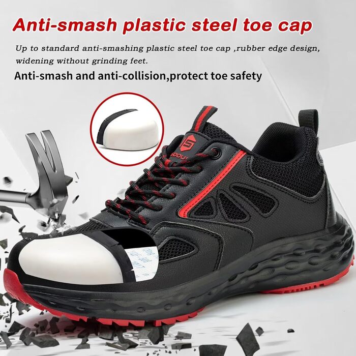Черевики робочі ISOOUS для чоловіків та жінок. Безпекові черевики, легкі, з пластиковим носком, дихаючі, антиковзкі, модель снікерс, для кухні, спортивні, 48 EU, чорно-червоні