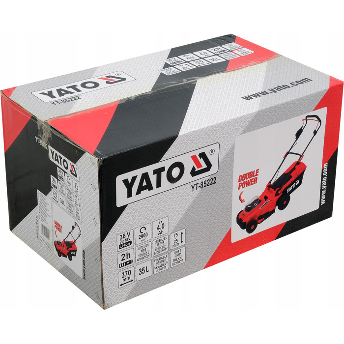 Акумуляторна газонокосарка Yato 36V 4Ah, ширина зрізу 37 см, з травозбірником 35 л