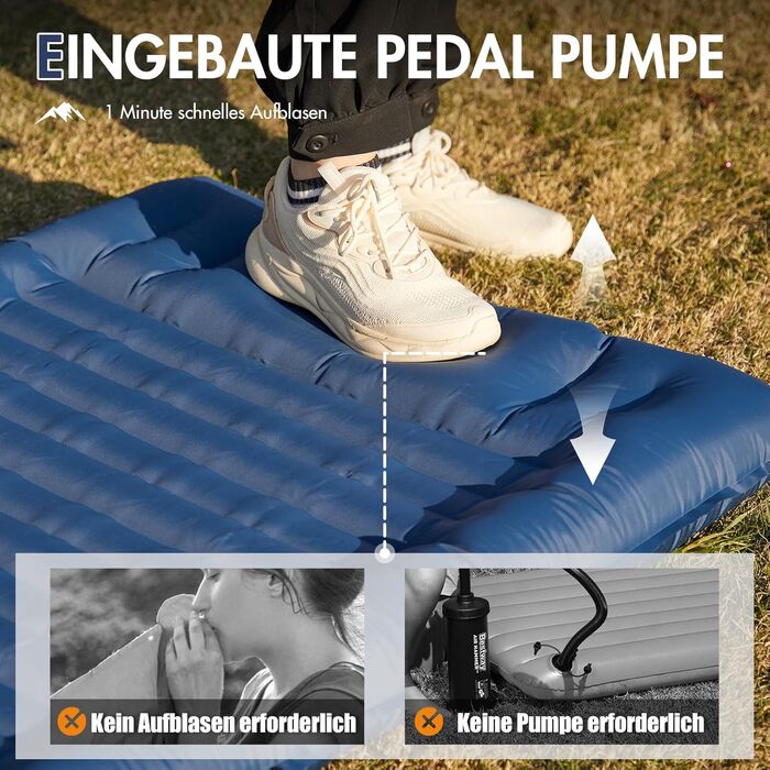 PORTAL Self-Inflating Camping Mat 10cm Thick Air Mattress Utraleicht with Foot Press Pump 18cm Thick Pillow Inflatable Mattress Outdoor Foldable Sleeping Mat 200*74cm for Camping Hiking Travel (Dark Blue)