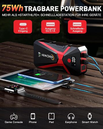 Портативний пусковий пристрій NHOWIN 4000A: Powerbank для авто 12V, 20000 mAh, 4-в-1, з кабелями та LED-ліхтариком для подорожей та надзвичайних ситуацій