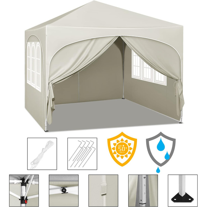 WOLTU Gazebo, Folding Gazebo 3x3 m, with 4 Side Walls, Party Tent Waterproof UV Protection 50+, Adjustable Height Garden Gazebo, with Carry Bag, for Outdoor Garden Camping (Beige)