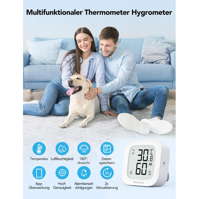 GoveeLife Wi-Fi Hygrometer Thermometer, Digital Indoor Temperature and Humidity Meter with App Notifications, Alarm & Data Storage, Remote Control Suitable for Bedrooms, Wine Cellars