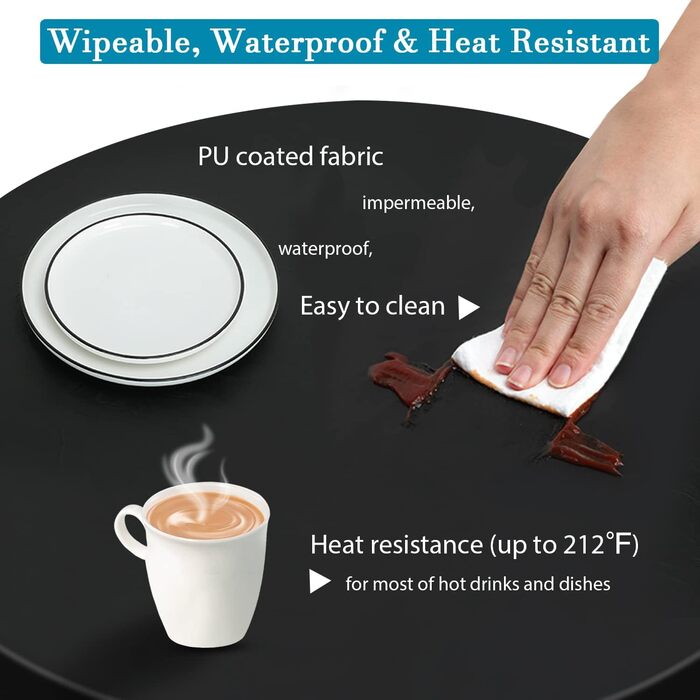 Rinpon Double Fitted PU Round Tablecloth, Anti-Tear Wipeable Elastic, Soft-Touch, Waterproof, Oil-Resistant (Black, 45