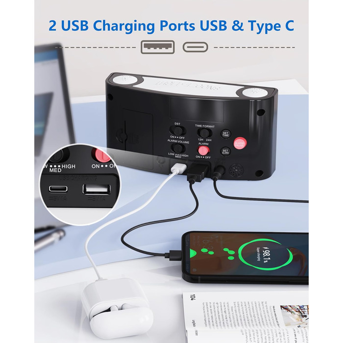 Дитячий годинник-будильник з нічним світлом, білий, USB/Type-C, для хлопчиків та дівчаток