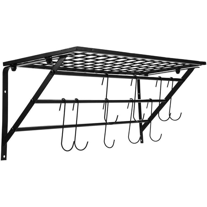 Ejoyous Kitchen Shelf Pan Shelf Kitchen Storage, Kitchen Wall Shelf Kitchen Wall Shelf Kitchen Holder Pan Holder with 10 S-shaped Hooks for Hallways Kitchen Bathrooms 60 x 25 x 25 cm