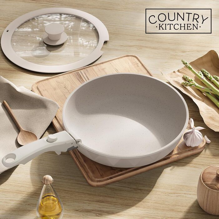 Набір посуду Country Kitchen 16 предметів з керамічним антипригарним покриттям, знімні дерев'яні ручки, для дому та кемпінгу, жаростійкий (кремовий)