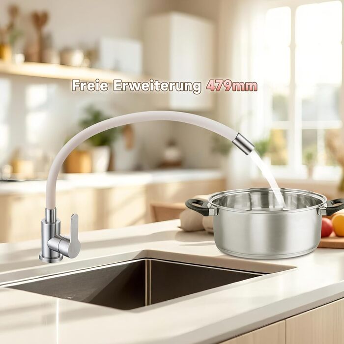 Кран кухонний з гнучким шлангом 360°, високий тиск, поворотний, нержавіюча сталь, бежевий