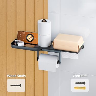 Настінний тримач для туалетного паперу з полицею, багатофункціональний, обертовий, з нержавіючої сталі, чорний мат. Підходить для ванної кімнати, кухні та пральні.
