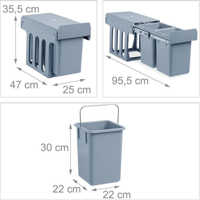 Вбудований відрізок для сміття Relaxdays для кухні, висувний, для під шафки, 15 л + 2x8 л, пластик, сірий