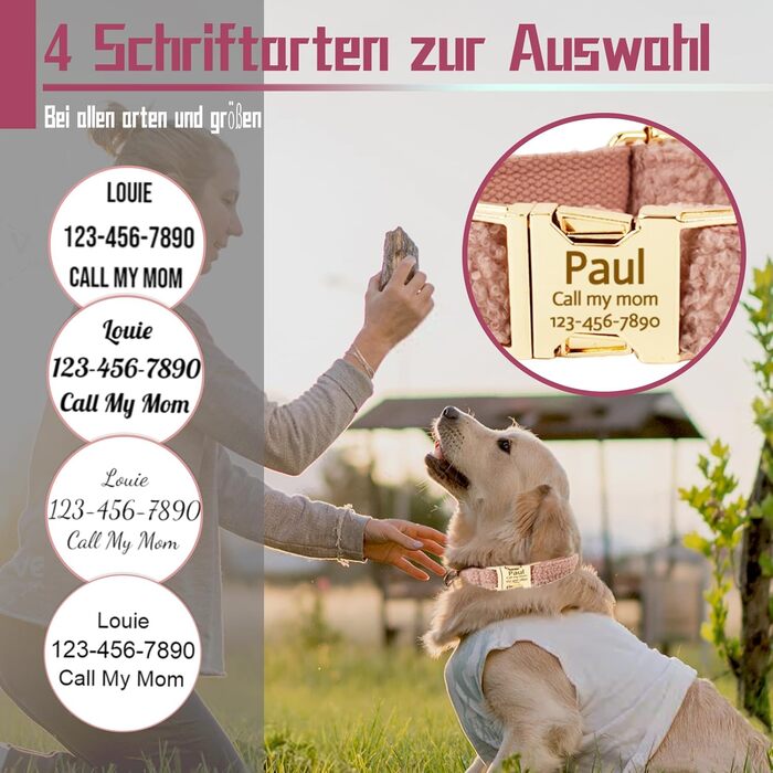 Персоналізоване собаче ошийник з металевою застібкою, з іменем та номером телефону. Регульовані розміри для собак середніх та великих порід.