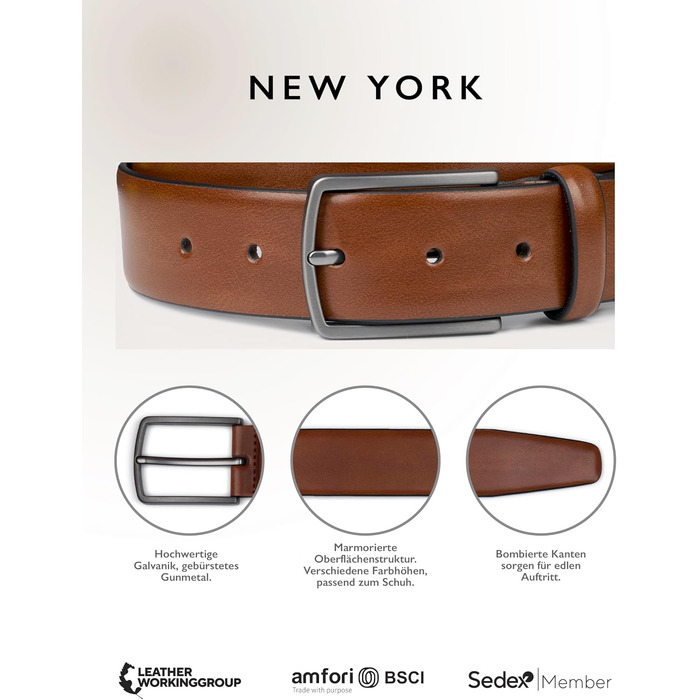 Шкіряний чоловічий ремінь FENIX NEW YORK Desert Cognac (80 см), ширина 35 мм, регульований ремінь для костюма та джинсів, гіпоалергенна пряжка