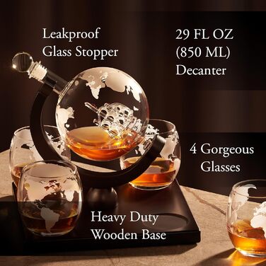 Crystal Whiskey Decanter Globe Set with 4 Glasses - Bourbon, Rum, Scotch Gift for Men, Dad, Him - Transparent Globe Decanter Set