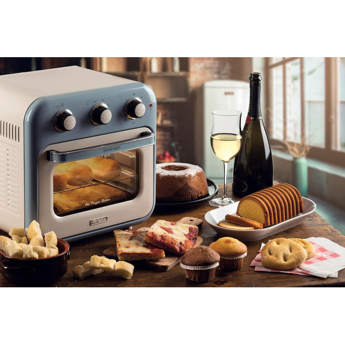 Фритюрниця та духовка Ariete Vintage 2в1, 1400 Вт, 16 л, з аксесуарами, таймер 60 хв, подвійне скло, блакитна