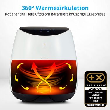 Аерофритюрниця MEDION E30 XL 5 л, 2000 Вт, цифровий дисплей, мінімум олії, контроль температури до 200°C, біла
